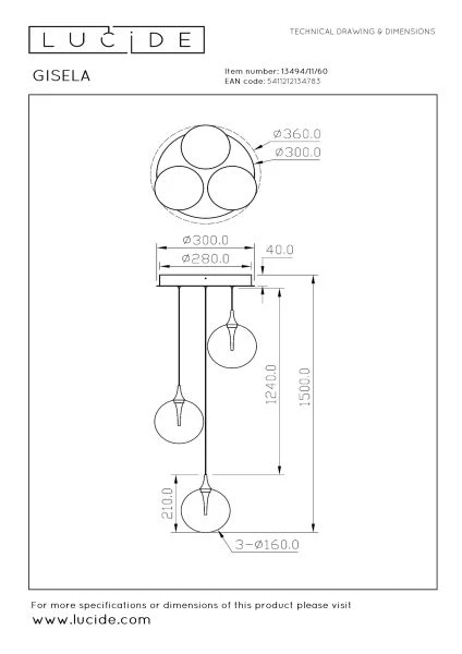 Lucide Premium GISELA - Pendant light - Ø 36 cm - LED Dim. - 3x4,3W 2700K - Transparant - technical